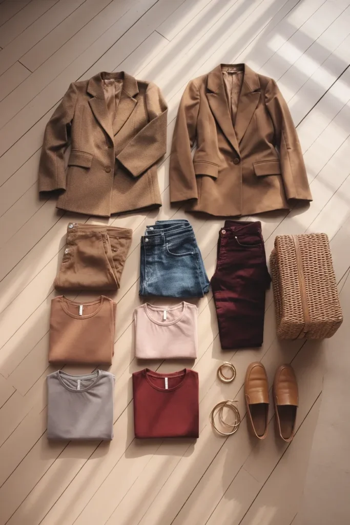 Overhead flat lay of a twelve-piece neutral capsule wardrobe organized by seasonal color palette.