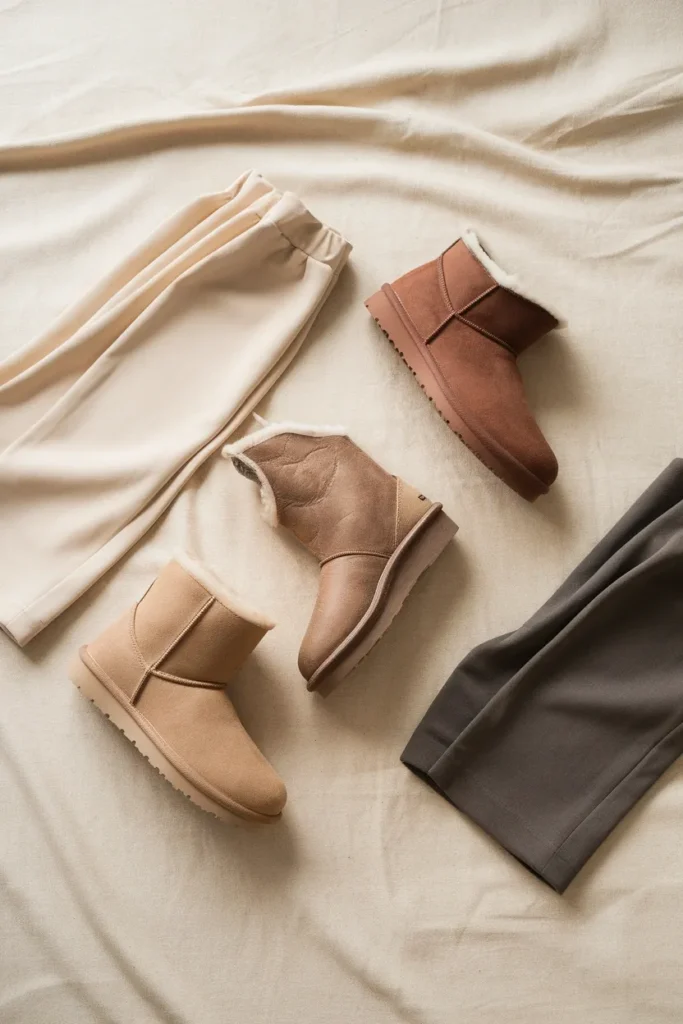 Overhead flat lay of three Ugg boot heights paired with matching pant hems in neutral tones