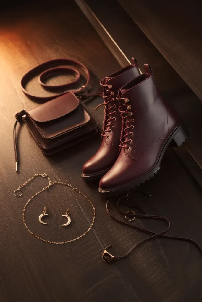 Oxblood lace up ankle boots, espresso crossbody bag and gold crescent moon jewelry for whimsigoth outfits