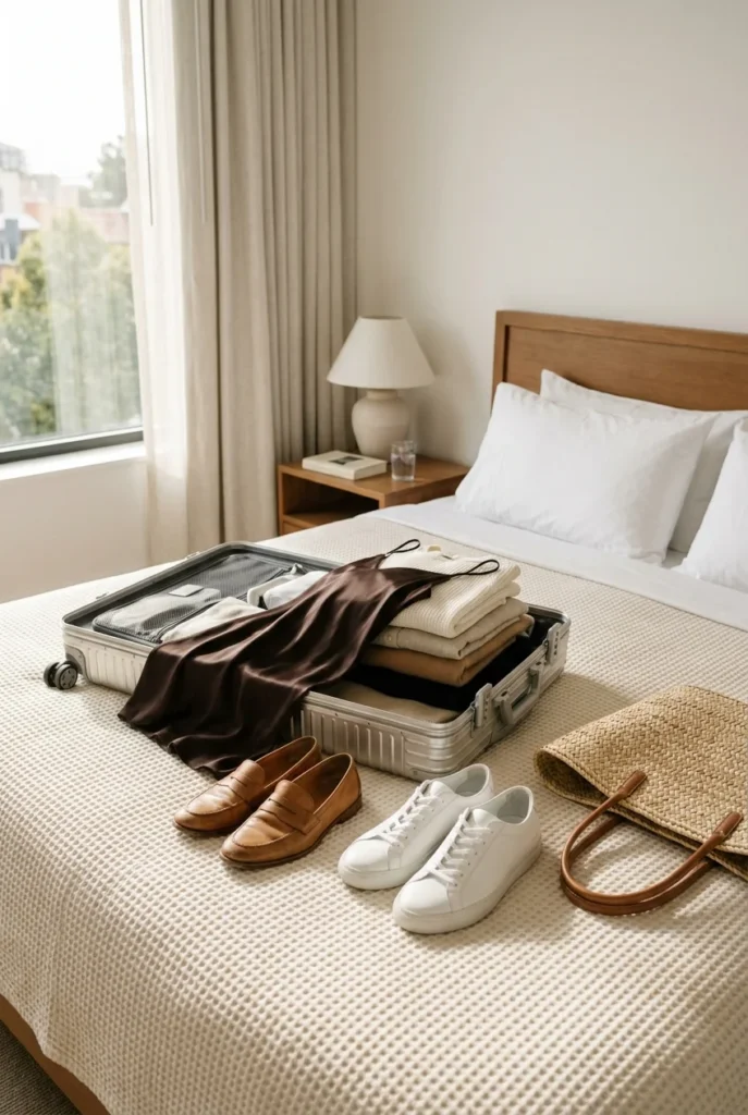 Packed carry-on with a neutral Vegas capsule wardrobe of ivory, camel, and black pieces