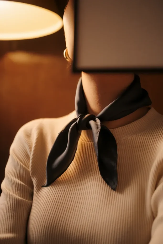 Paris knot scarf tutorial black silk scarf tied below the collarbone over a cream ribbed knit