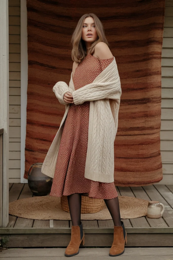 Print midi dress with cream cardigan, tights, and cognac brown ankle boots for fall