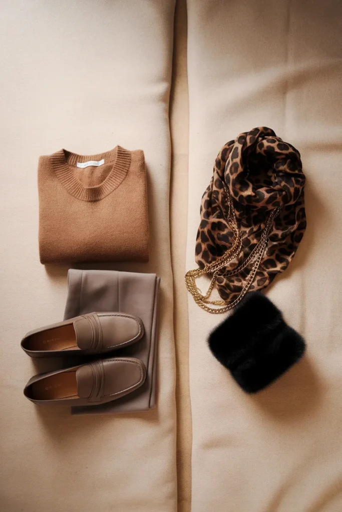 Quiet luxury neutrals compared with mob wife aesthetic leopard and gold styling