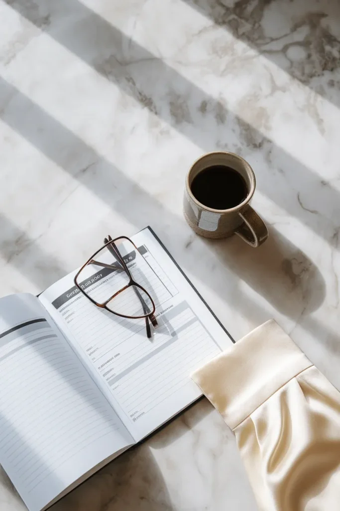 Rectangular glasses and coffee on a marble desk beside an open workplace handbook
