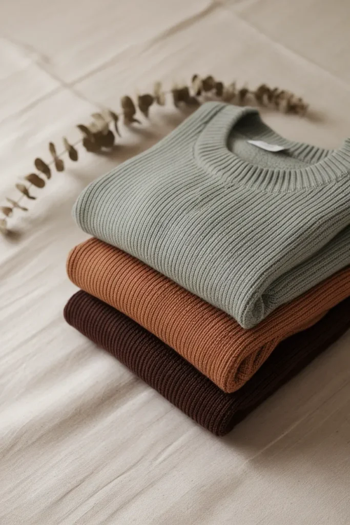 Sage, camel and espresso knits stacked to compare soft, true and deep autumn depth