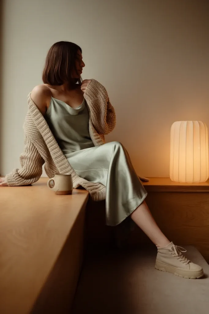 Sage slip dress layered with an oatmeal chunky cardigan and cream Converse