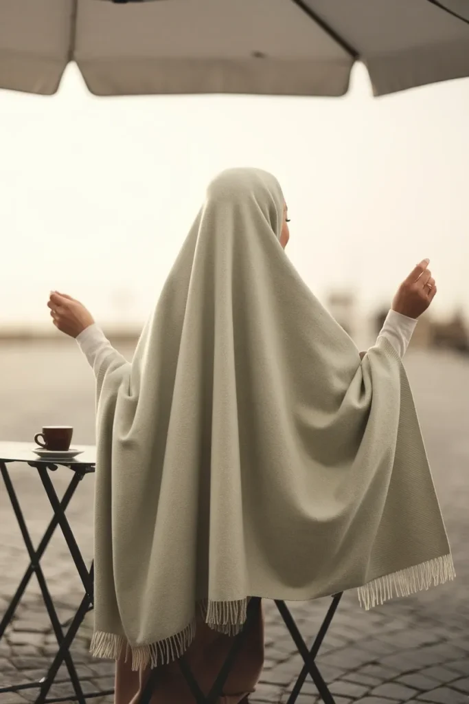 Sage wool scarf draped over the shoulders as a light layer for transitional fall weather