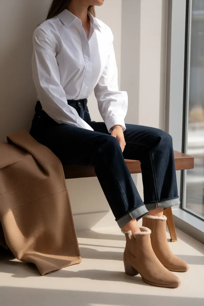 Sand ultra mini Uggs with rolled straight leg denim and a tucked white button down in window light