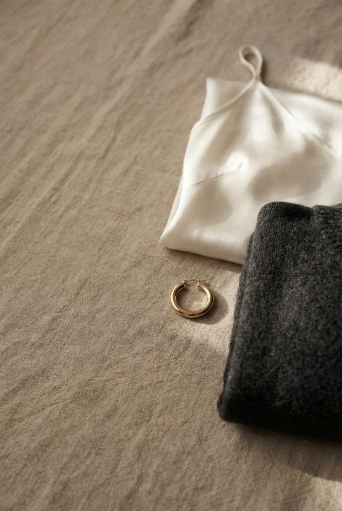 Satin camisole beside matte merino knit showing the one shine rule for New Year's Eve outfits.