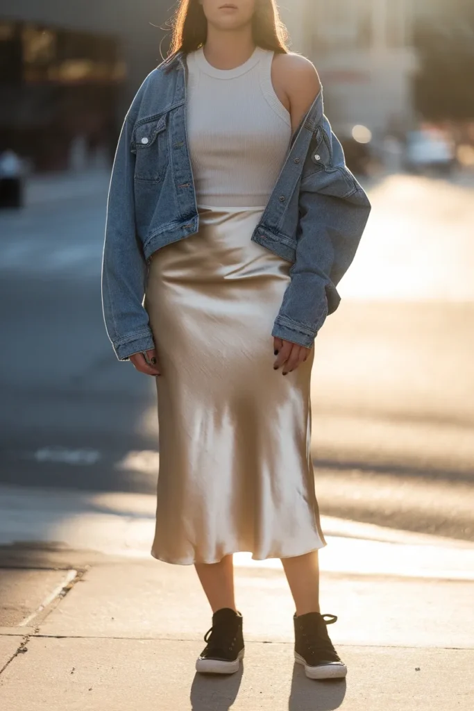 Satin midi slip skirt with cropped denim jacket and black Converse low tops