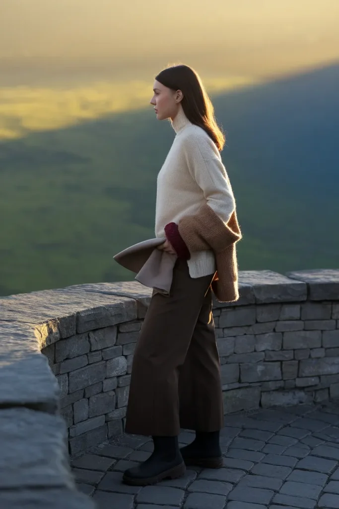 Seasonal Ireland outfit cream merino, camel cardigan, wide-leg trousers, and boots at a stone wall.
