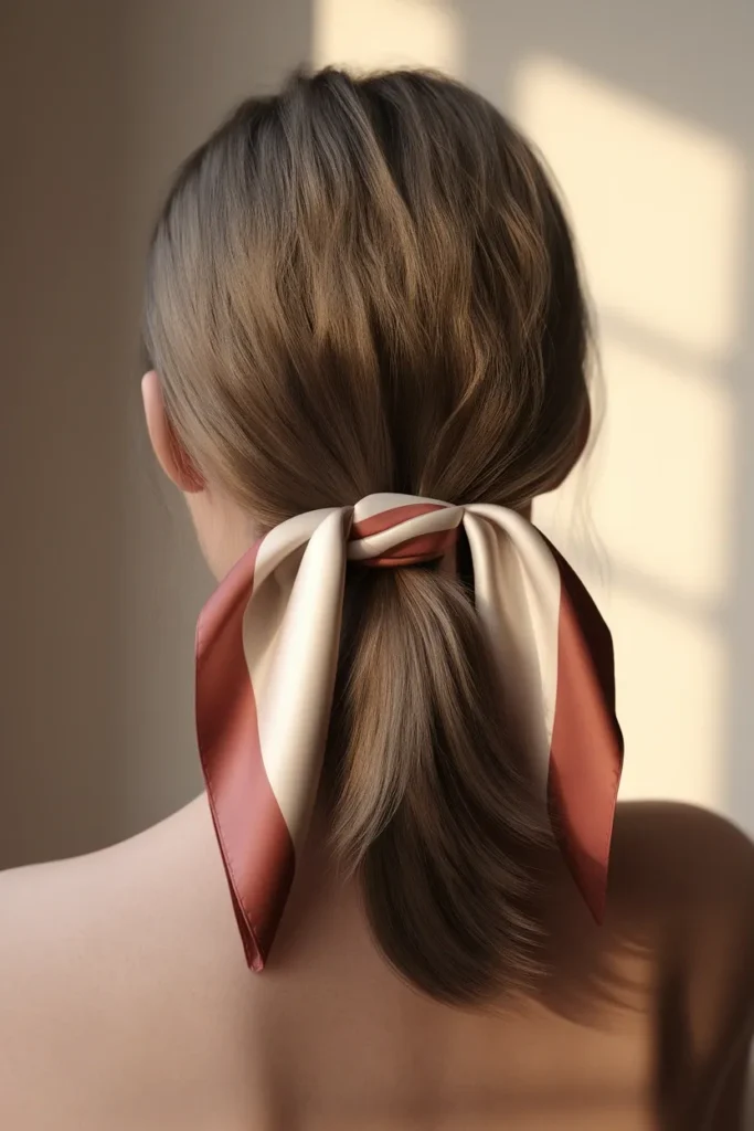 Silk scarf tied at the base of a low ponytail, an easy way to style a scarf in your hair