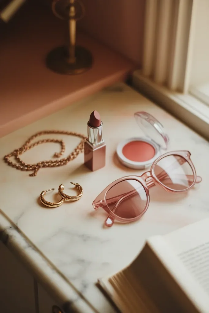 Silver chain, gold hoops, mauve lipstick and blush sunglasses on a marble vanity