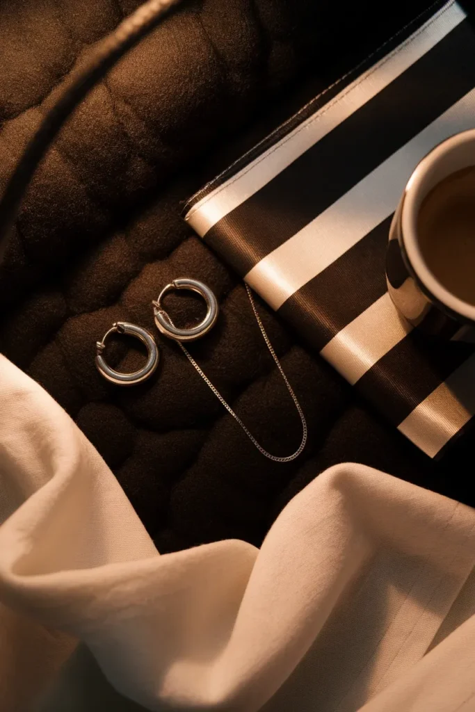 Silver jewelry with black and white striped silk and crisp white poplin for winter palettes