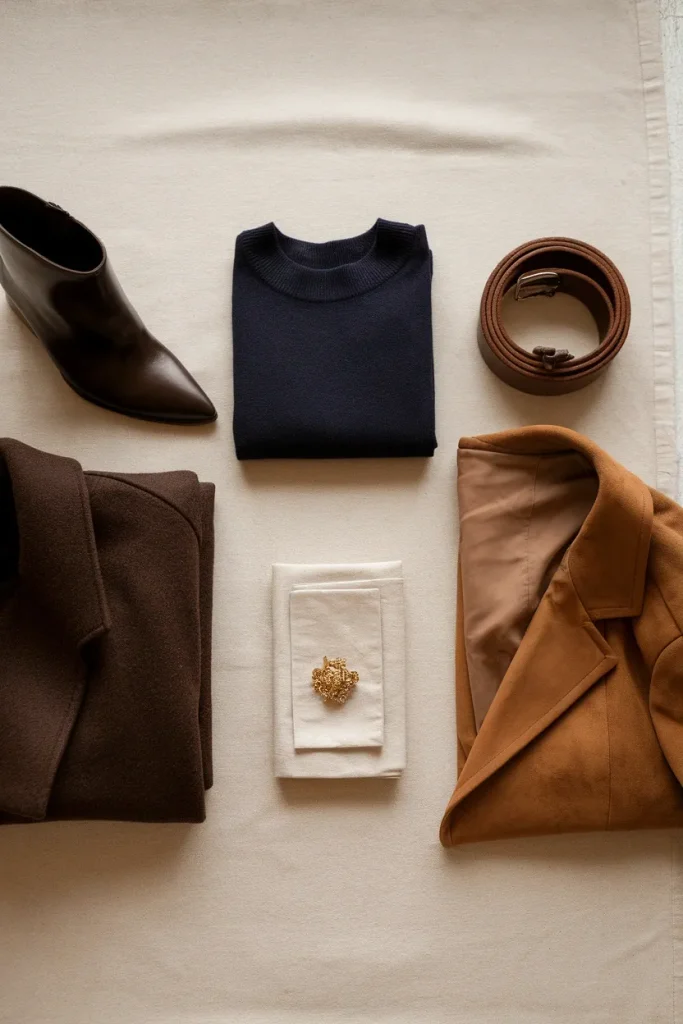 Six-piece winter 2026 add-on capsule wardrobe flat lay in chocolate, navy and camel