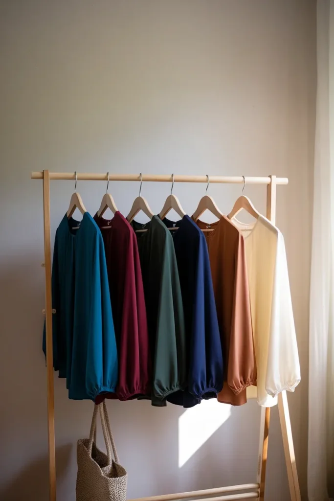 Six solid-color blouses on a wooden rail showing the best colors to wear for headshots.