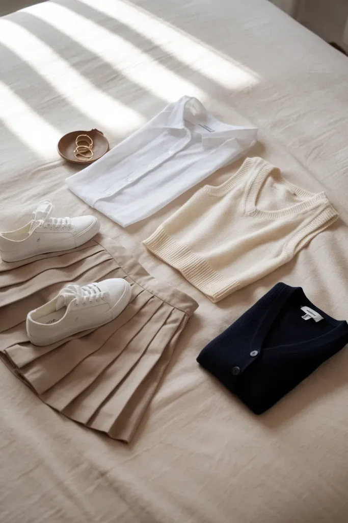 Six tenniscore capsule pieces laid out on a bed showing a closet audit before shopping
