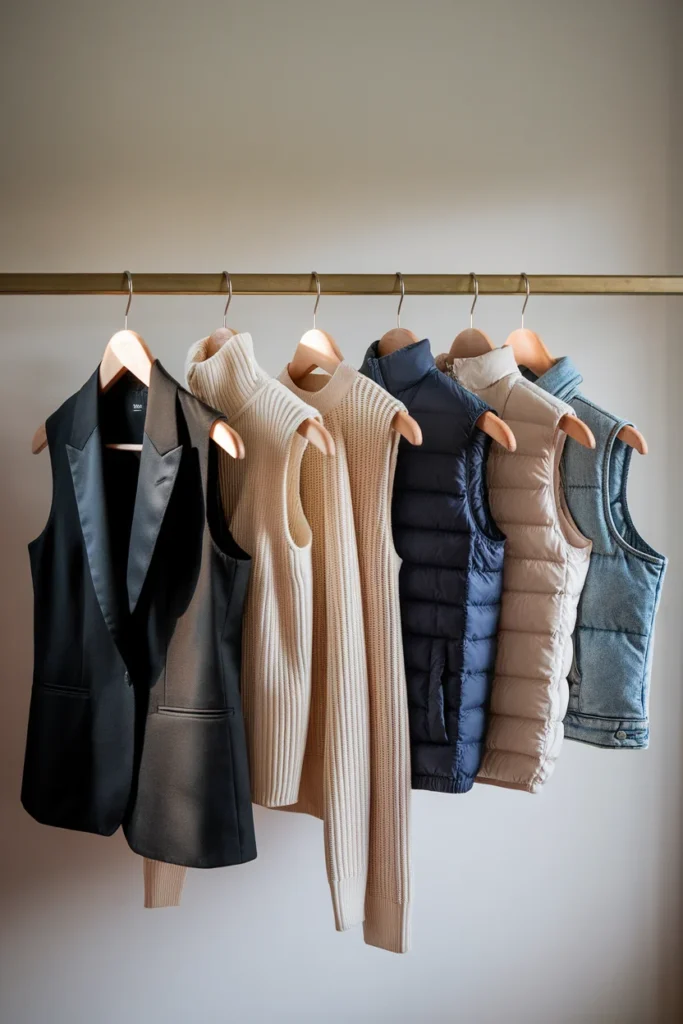 Six vest types on wooden hangers including tailored, sweater, longline, quilted, puffer, and denim
