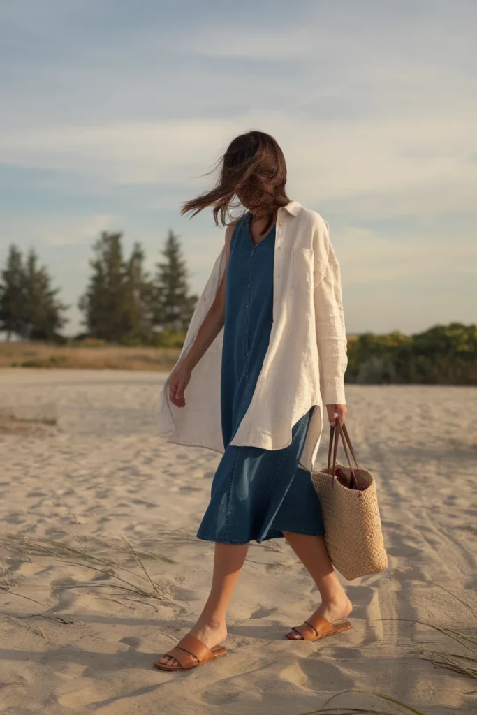 Sleeveless denim dress with open ivory linen button-down and straw tote for summer