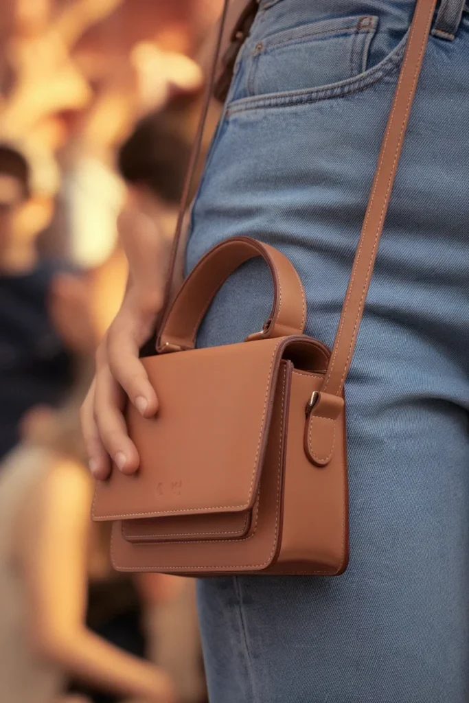 Small tan leather crossbody bag worn across the hip over jeans, sized for concert venue bag policies