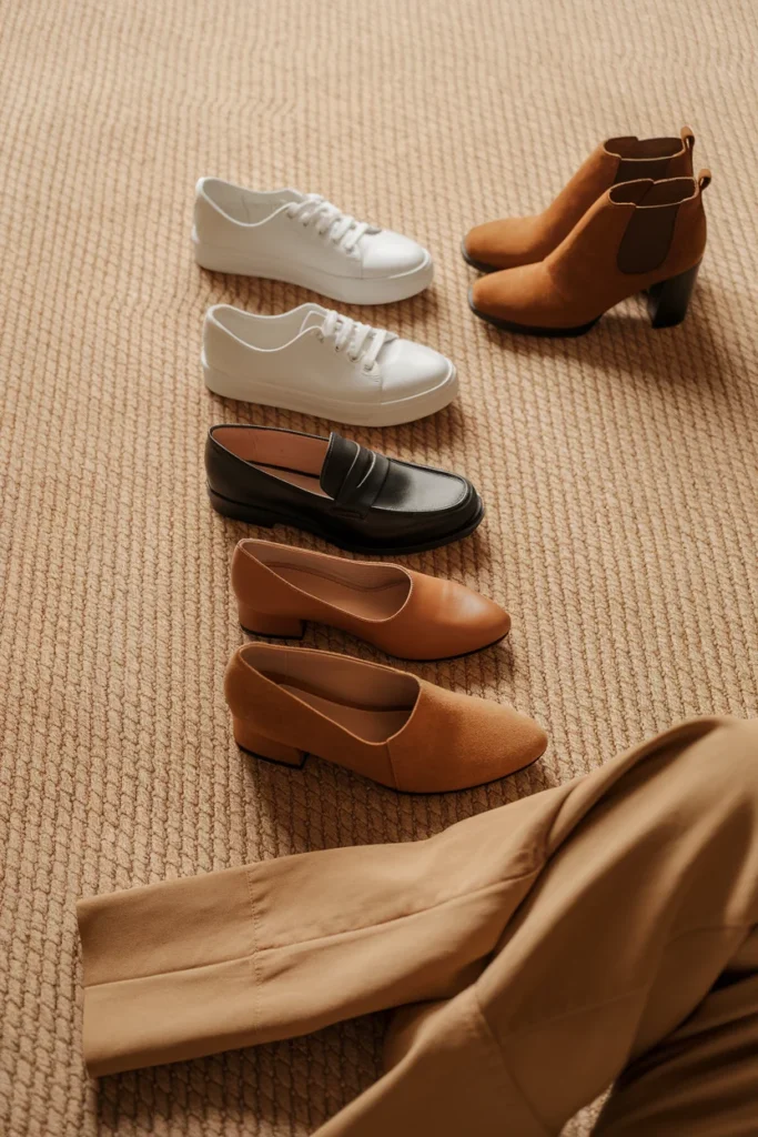 Sneakers, loafers, ballet flats, ankle boots, and mules arranged beside khaki pants