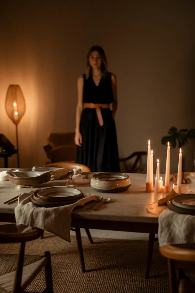 Soft black maxi dress with a leather belt for a warm indoor Easter dinner