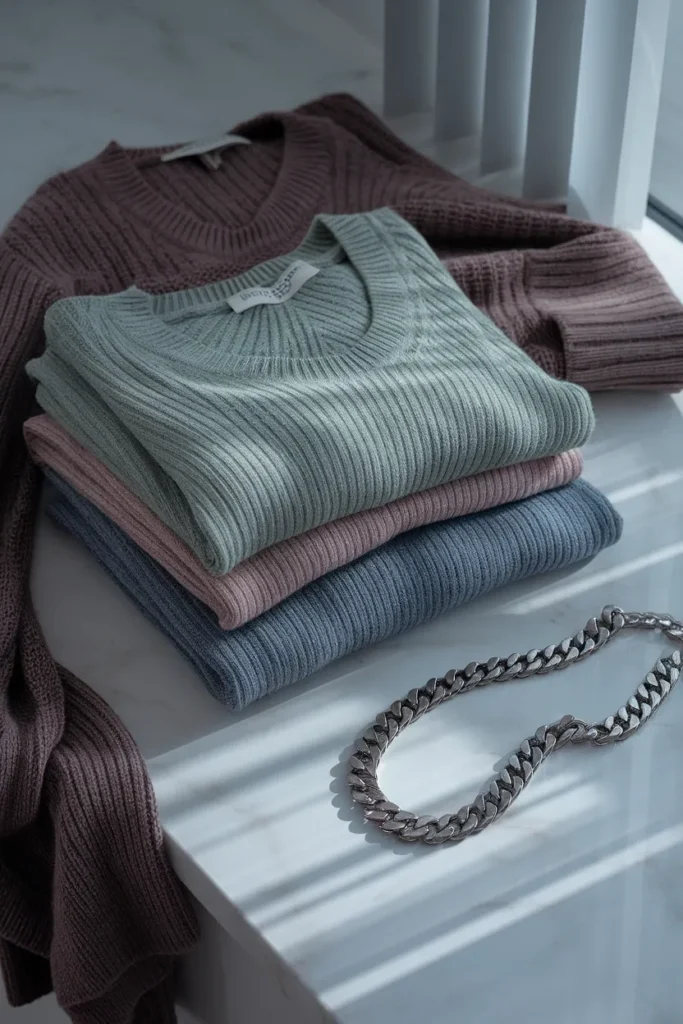 Soft summer color season palette shown in folded sage, dusty rose and slate blue knits