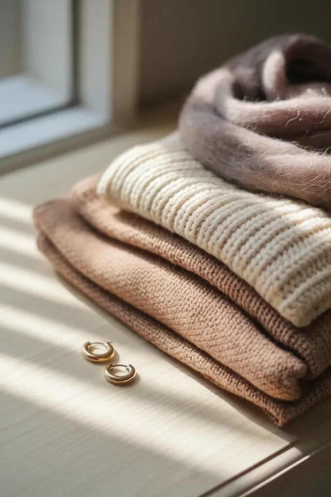 Stack of cream, oat and espresso knits showing tactile texture trends for fall 2026