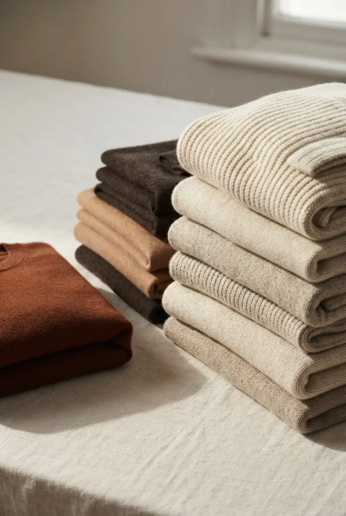 Stacked cream, camel, and rust fabric swatches showing the 60-30-10 family photo color ratio