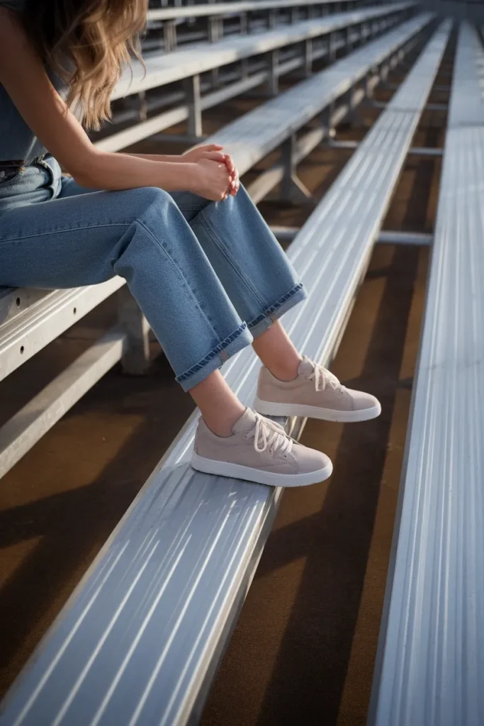 Straight-leg jeans and sneakers on stadium bleachers as a baseball game outfit