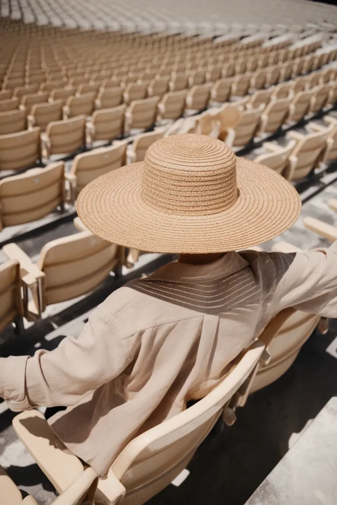 Straw hat and open cotton button-down for sun protection at a day baseball game