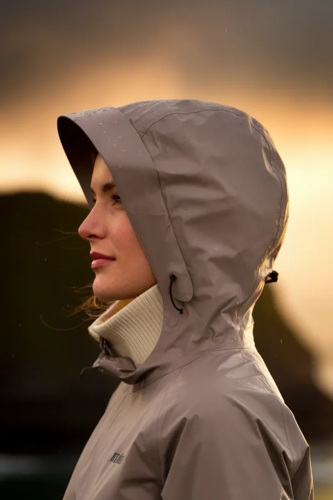 Structured hood on a taupe waterproof shell holding its shape in wind on an Irish coastal headland.