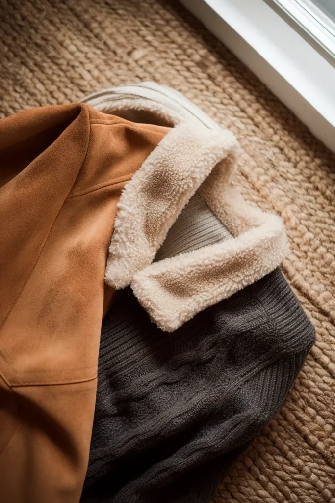 Suede, sherpa and cable knit textures layered, winter 2026 texture trend for capsule outfits
