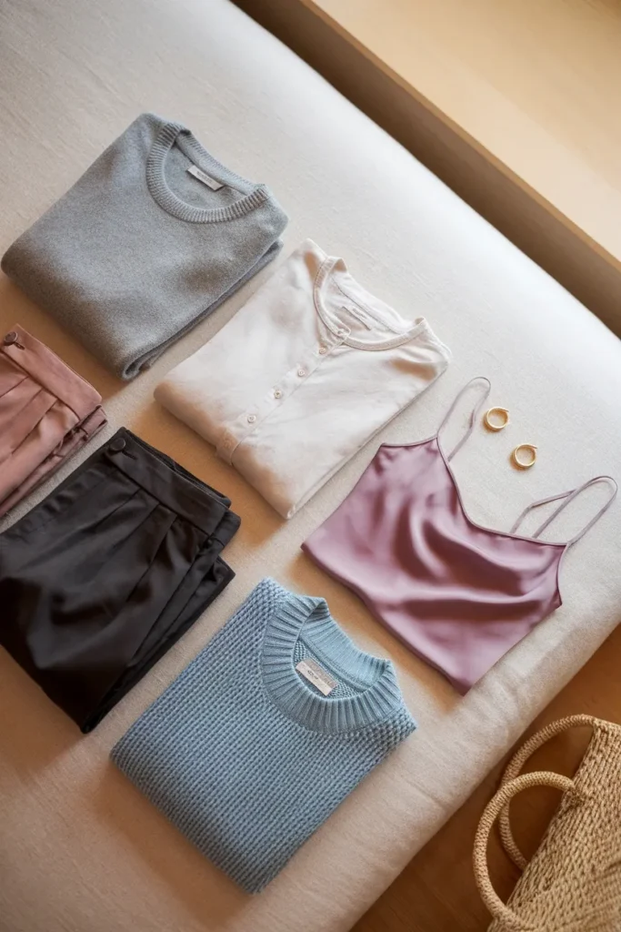 Summer color analysis palette flat lay in dove gray, mauve, and periwinkle knits