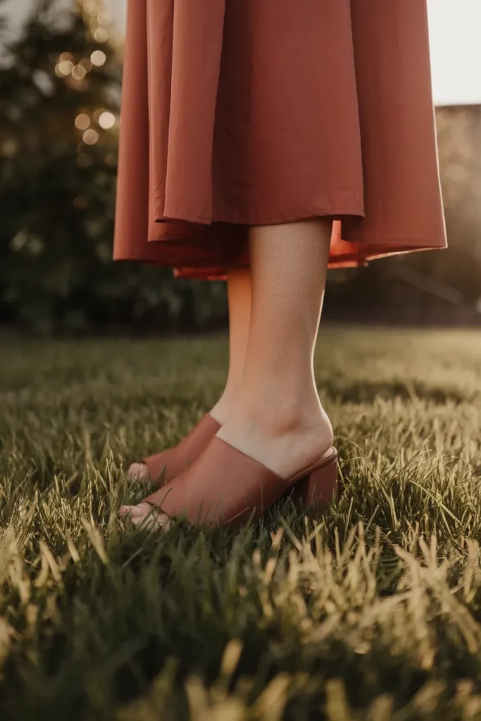 Tan block heel sandals on grass at an outdoor wedding with terracotta dress hem