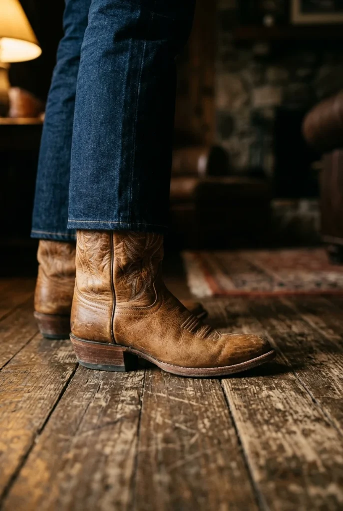 Tan western boots styled with dark straight leg jeans on wooden floor in Nashville
