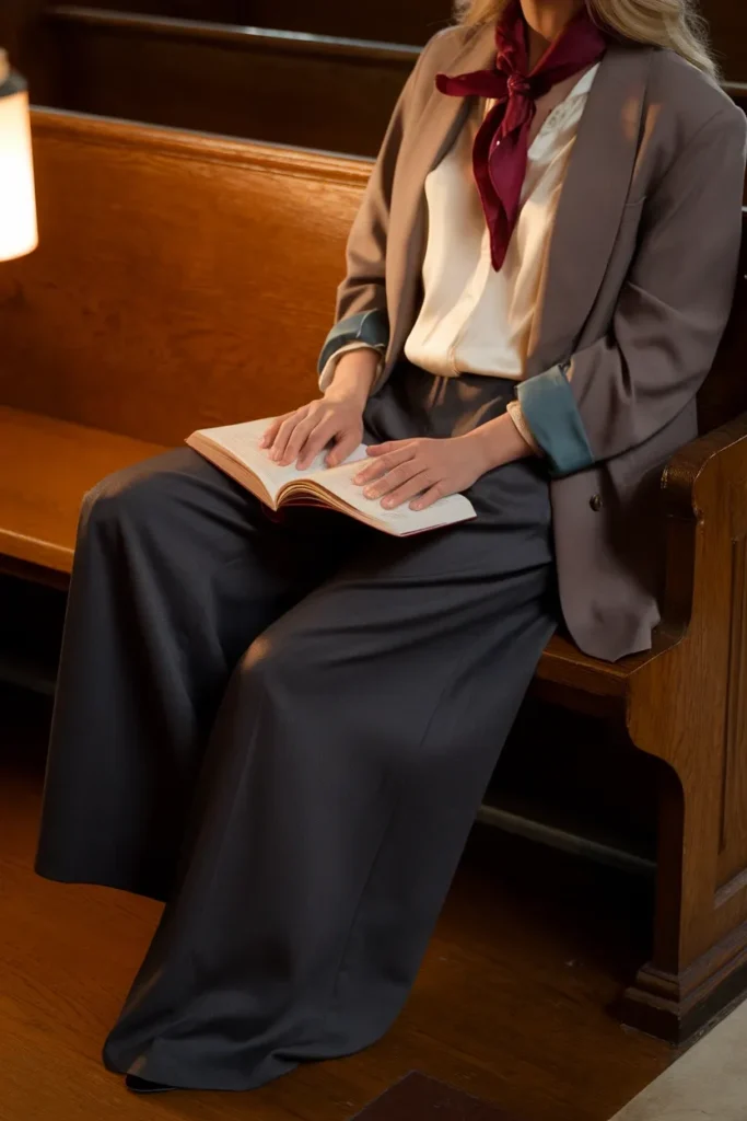 Taupe blazer with charcoal trousers and a burgundy scarf, a fall church outfit in a wooden pew. What to Wear to Church