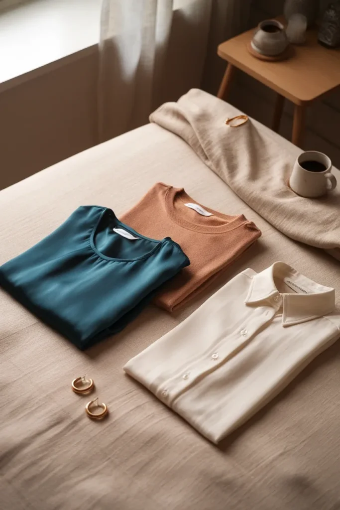 Teal blouse, camel sweater, and white button-down laid out as headshot outfit options on a bed. what to wear for headshots women