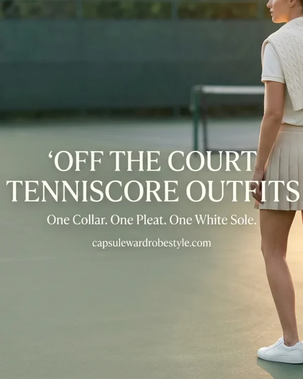 Tenniscore outfit featured image ivory polo, pleated oat skort, and white sneakers at a sunlit tennis court