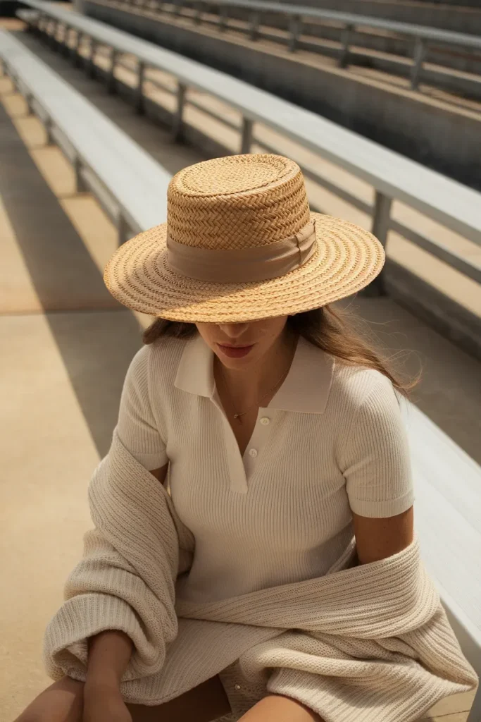 Tenniscore outfit layered with a draped knit and straw hat for sun protection in open stadium seating