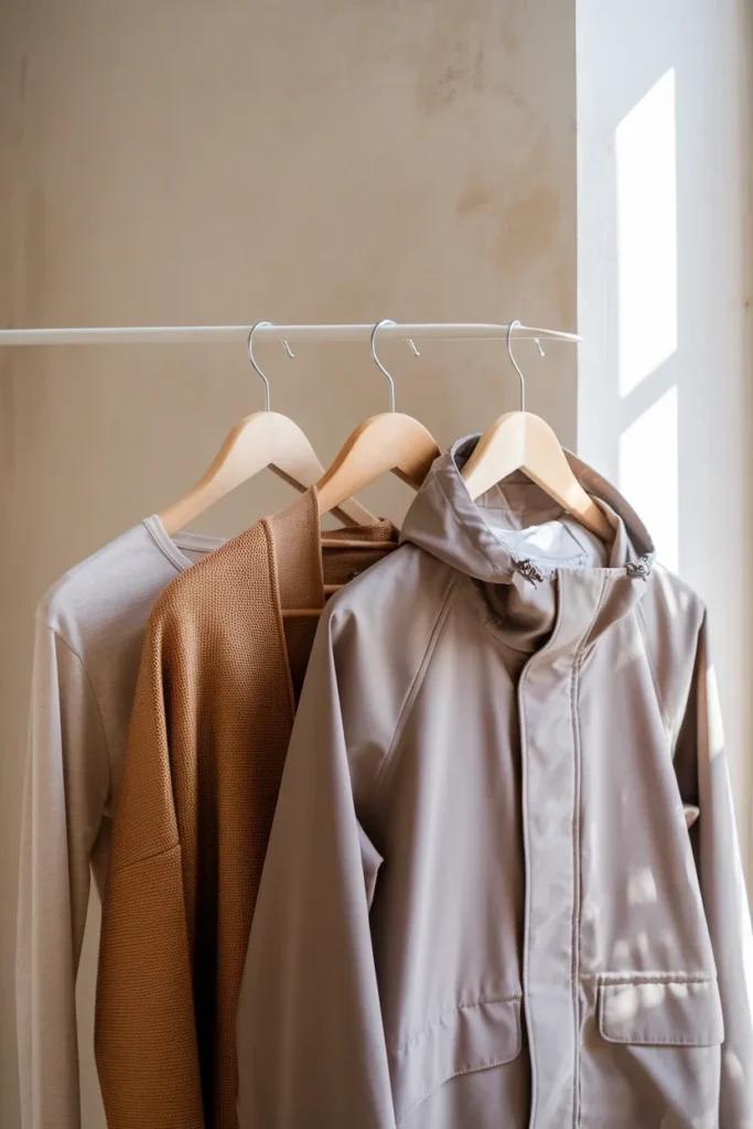 The Ireland 3-layer rule thin merino base, open camel cardigan, and a hooded waterproof shell.