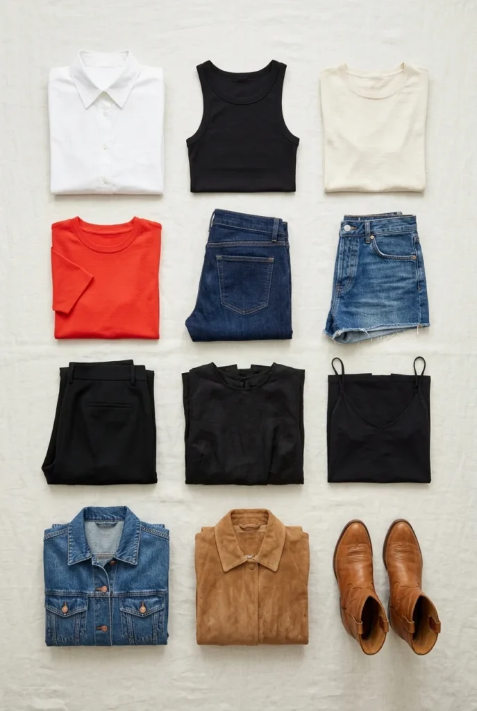 The Nashville 12 capsule wardrobe flat lay with twelve mix and match travel pieces