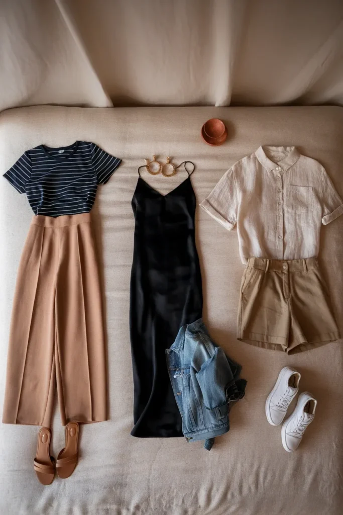 Three Greek island outfits built from one 14-piece capsule wardrobe