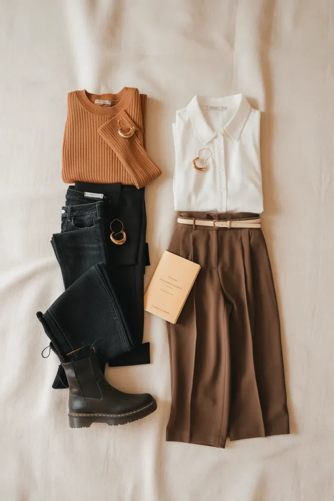 Three Ireland outfit formulas laid flat merino and jeans, black knit and trousers, shirt and wide-leg.
