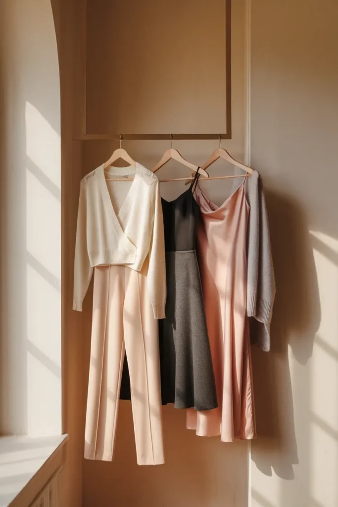 Three balletcore outfits on wooden hangers showing quiet ballet styling signals