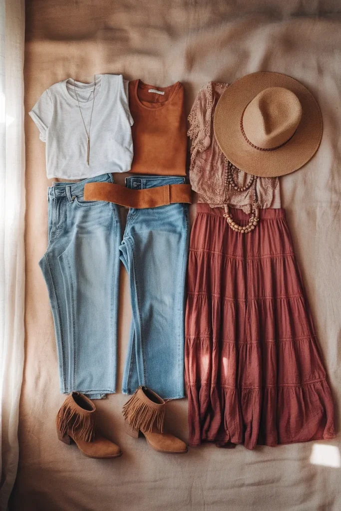 Three boho chic outfits showing one, two, and four styling signals side by side