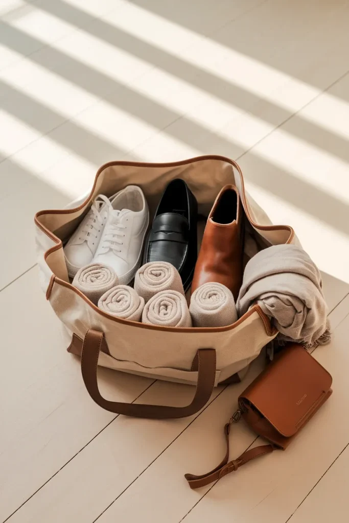 Three capsule wardrobe shoes packed in a weekender bag for travel