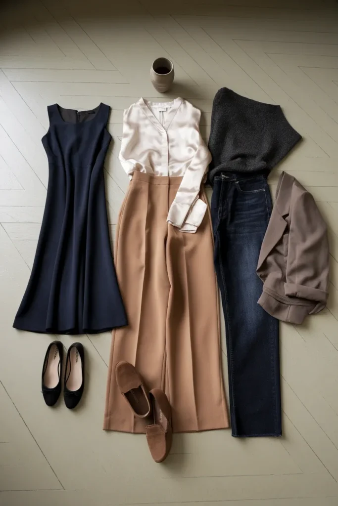 Three church outfit ideas laid flat showing traditional, business casual, and casual dress codes