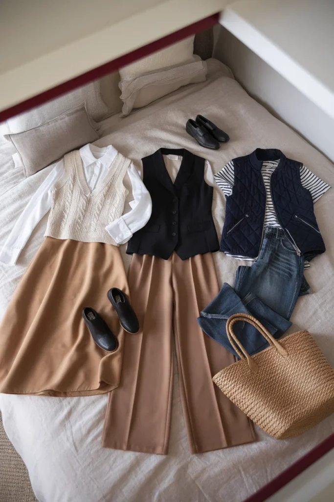 Three complete vest outfits laid out with sweater vest, tailored vest, and quilted vest combinations