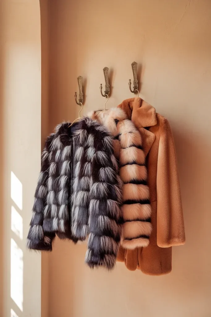 Three faux fur coat lengths on brass hooks showing hip, thigh, and full length options